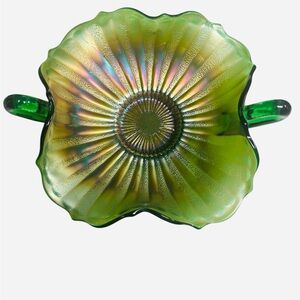 Vintage Fenton Green Carnival Glass Stippled  Rays Double Handled Bon Bon Dish